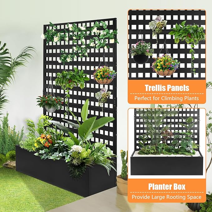 Metal Planter Box with TrellisRaised Garden Bed with46''Lx18''Wx71''Hfor Climbing PlantsVegetables &amp VinesPlanter with Trellis &ampDrainage Holes Privacy Planters (46''Lx18''Wx71''H)