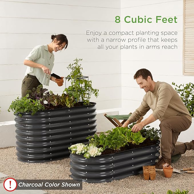 Best Choice Products 4x2x1ft Outdoor Metal Raised Garden Bed Oval Deep Root Planter Box for Vegetables Flowers Herbs and Succulents w/ 51 Gallon Capacity Rubber Edge Guard - Wood Grain