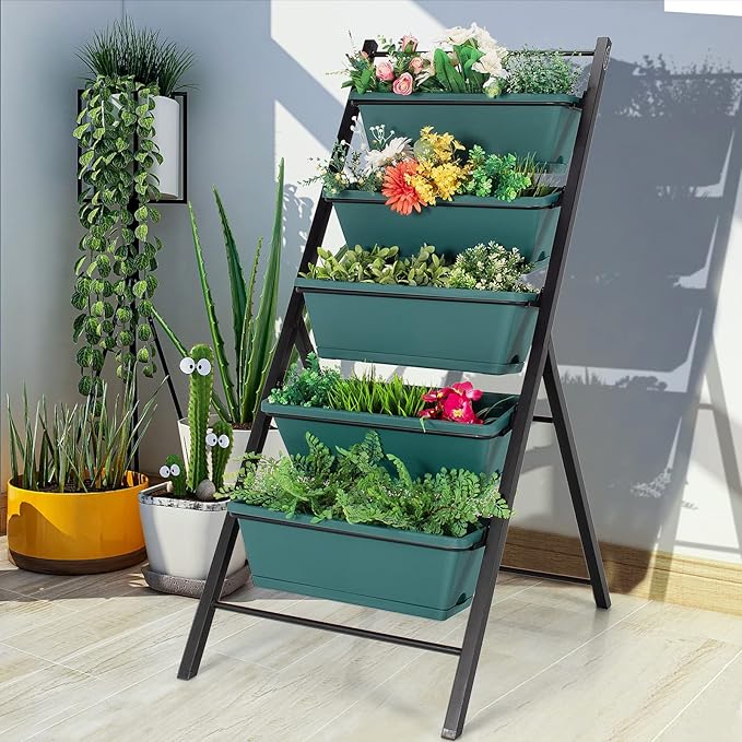 Giantex Set of 2 Vertical Planter Raised Bed Elevated Garden Beds with Water Drainage Hole Freestanding 5 Container Boxes for Herb Vegetables Flowers Growing Outdoor Indoor Patio Balcony