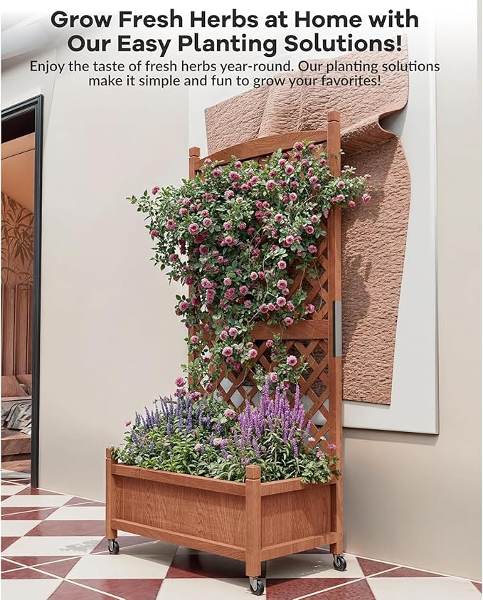 IDEALHOUS Large Raised Garden Bed with Trellis &amp Wheels 61 Wooden Mobile Planter Box with Drainage Hole Freestanding Vertical Planter for Outdoor Indoor Patio Lawn Herbs Flowers Vegetables 1 P