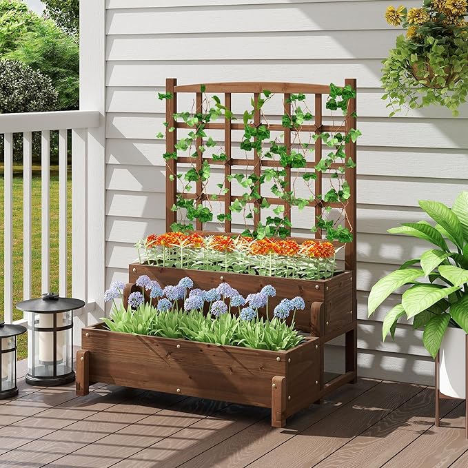 Byroce Outdoor Raised Garden Bed Garden Planter Box with Lattice Trellis Legs &amp Drainage Hole 2-Tier Standing Elevated Planter for Flower Fruit Vegetable &amp Climbing Plants in Patio Balco
