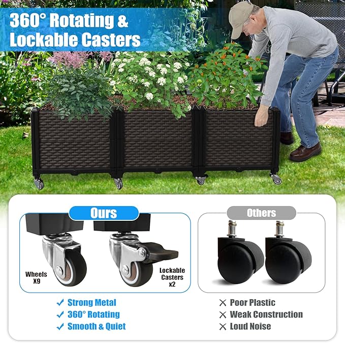 Raised Plant Box with Wheels 47.2x15.7x16.1 Raised Beds for Gardening Self Watering Durable Metal Lockable Casters Rectangular Garden Planter Perfect for Garden Patio Balcony Deck