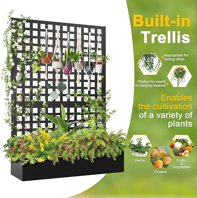 FENCY Metal Raised Garden Bed with Trellis Metal Planter Box with Trellis Garden Box for Climbing Plants Vegetable 47''Lx16''Wx71''H Garden Bed with Drainage Holes(Black)