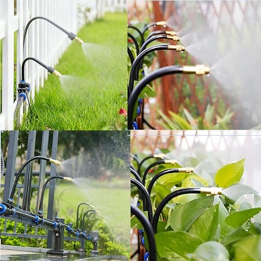 50ft Drip Irrigation Kit Garden Watering System with 360° Adjustable Brass Nozzles &amp Flexible Mist Tubing DIY Automatic Plant Waterer for Greenhouse Patio Lawn Flower Bed (1/4 Hose)