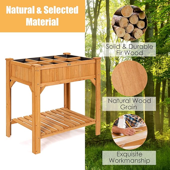 Giantex Raised Garden Bed Elevated Planter Box Kit with 8 Grids &amp Liner for Herbs Vegetables Flowers Outdoor Solid Fir Wood Planting Container with Legs &amp Storage Shelf for Backyard Patio (N
