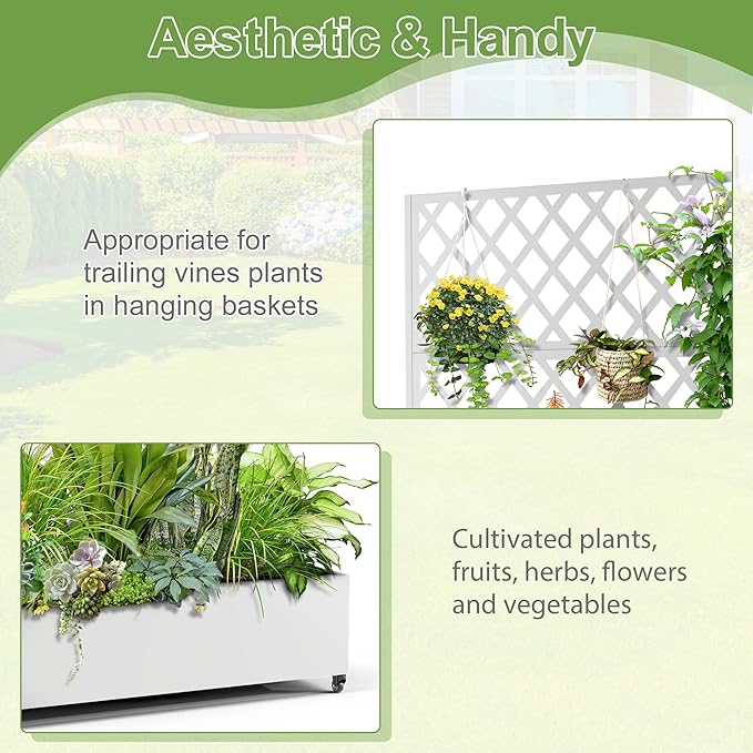 Metal Planter Trellis Box with Wheels &amp Drain Plug Outdoor Raised Garden Bed Patio Privacy Screen with Planter for Climbing Plants Vegetables 73x47x16 White-Diamond
