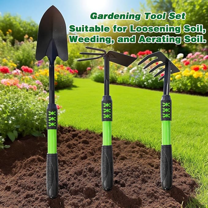 Garden Tool Set 3 Pack Gardening Tools Stainless Steel Heavy Duty Hand Cultivator Hoes Shovel for Planting Weeding Digging Gardening Gifts for Women Green