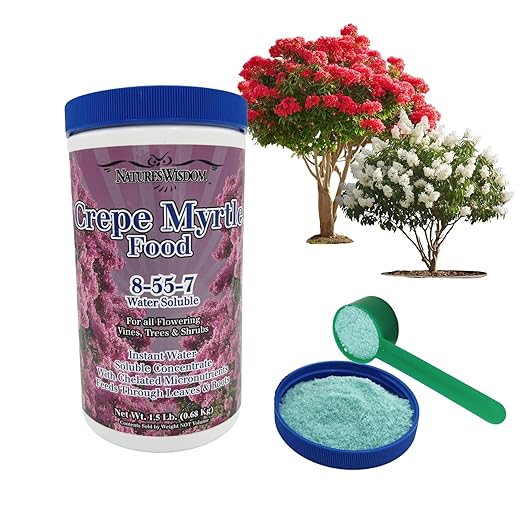 Natures Wisdom Crepe Myrtle Tree 8-55-7 Water Soluble Fertilizer Plant Food Balanced Nutrient Blend for Flowering Trees Shrubs and Vines | 1.5 Lb