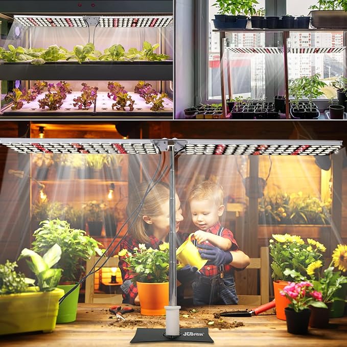 JCBritw 100W LED Grow Light PanelAdjustable Free Standing Plant Light White with IR Full Spectrum Grow Lamp on Stand for Indoor Plants Seed Starting Seedlings Veg Flower
