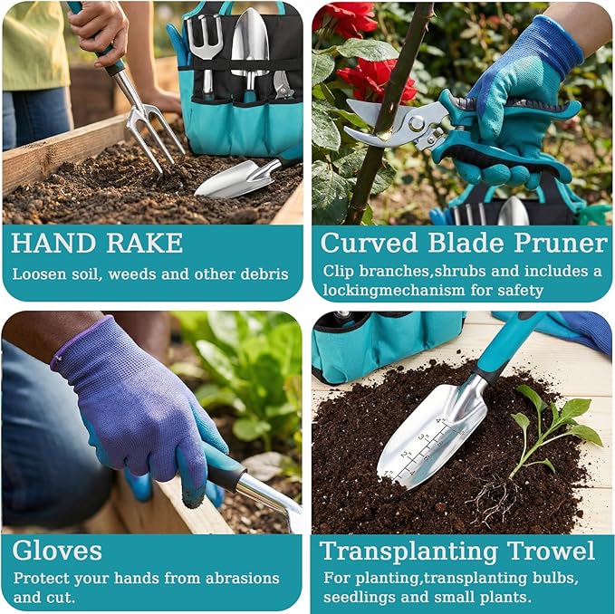 10-Piece Garden Tool Set - Heavy Duty Lightweight Aluminum Alloy Gardening Tools with Storage Tote Bag Rust-Proof Gardening Hand Tools &amp Non-Slip Ergonomic Grip Ideal Gardening Gifts for Women