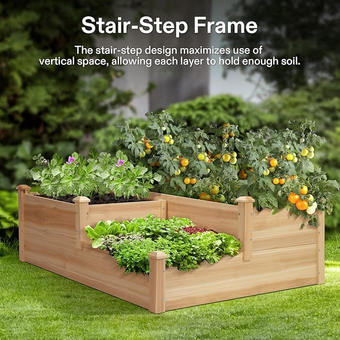 VIVOSUN 3-Tier 3-Grid Wooden Raised Garden Bed 42.5 x 34.5 x 15 Inches Outdoor Elevated Wood Planter Box with Screwdriver for Gardens Patios Backyards Balcony and Outdoors