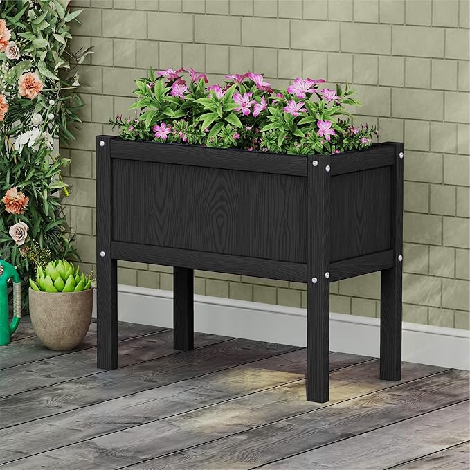 HDPE Raised Garden Bed with Legs All-Weather Outdoor Planter Box Easy to Assemble Drainage System Low Maintenance Non-Fading for Flower/Herb/Seed (Black)