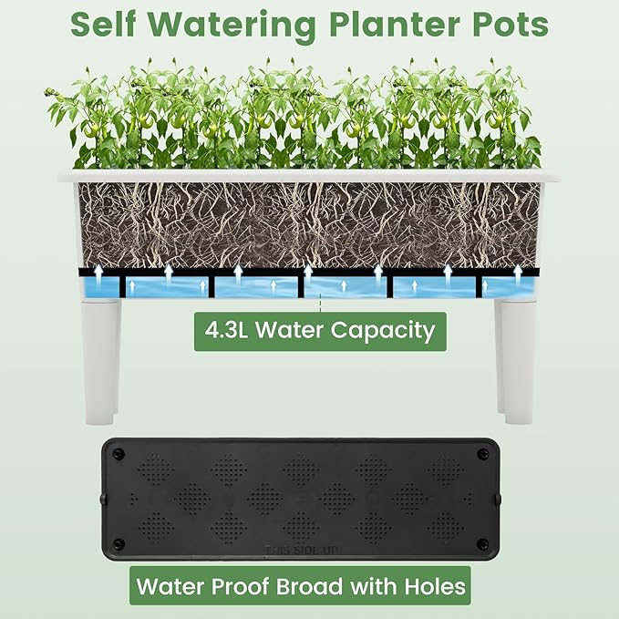Raised Garden Bed Set of 2 31.5 x 12 x 16 Self-Watering Planter Box w/Removable Legs &amp Drainage Holes Plastic Rectangular Garden Bed for Flowers Herbs Backyard Patio Balcony (White)