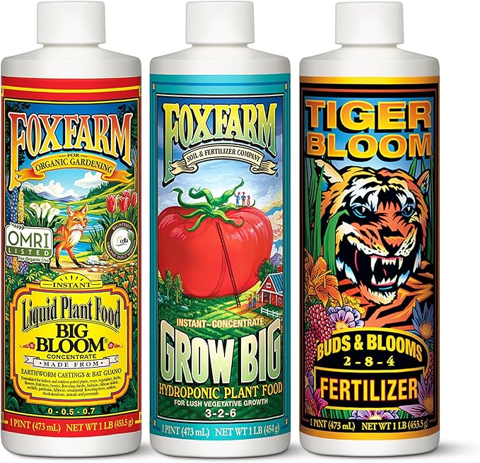 FoxFarm Hydro Liquid Trio Pack - Big Bloom Grow Big Tiger Bloom Fertilizers for Vigorous Plant Growth Bud Development &amp Abundant Fruit - Complete Hydroponic Plant Food Set - 3 Pint Bottles