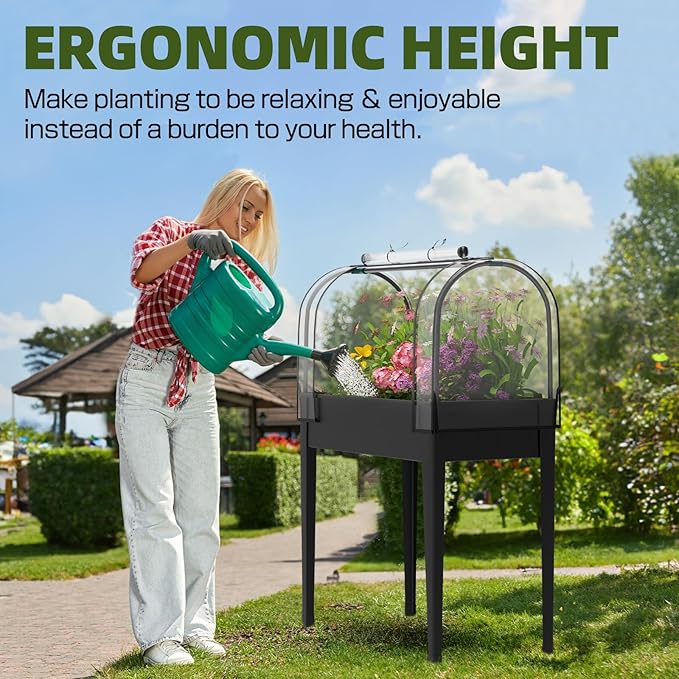 Raised Garden Bed with Cover and Legs Large Metal Elevated Growing Planter Box for Outdoor Vegetables and Flowers Black