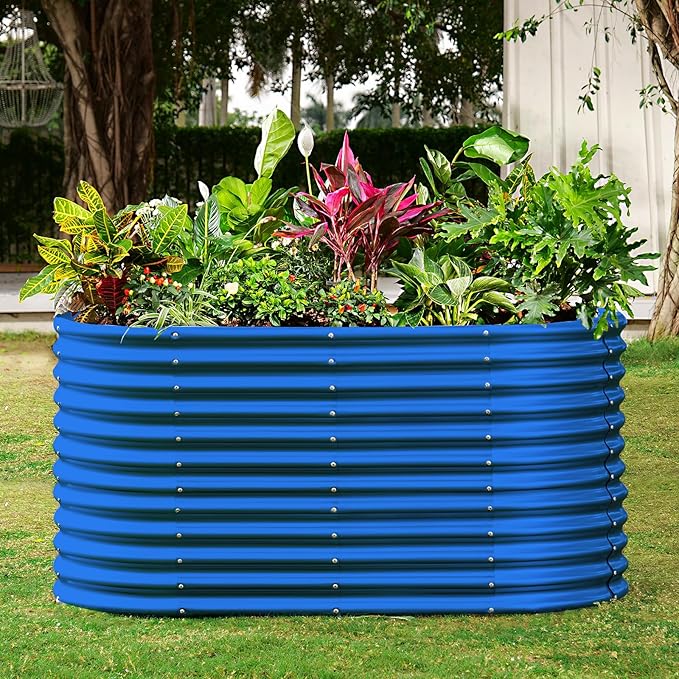 Land Guard 8x4x3ft Oval Galvanized Raised Garden Beds Large-Capacity Metal Planter Box Outdoor Durable Deep Raised Garden Bed 3ft Tall Raised Beds for Gardening Vegetables Royal Blue