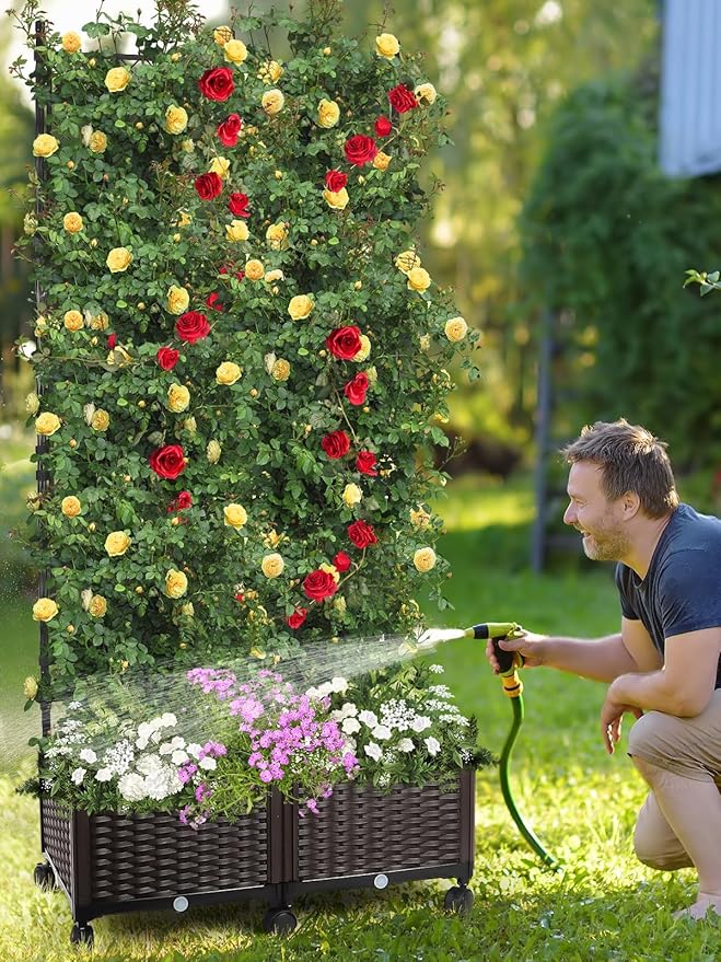 Kalolary 170CM Raised Garden Bed with Metal Trellis Large Plastic Planter Box with Drainage Hole on Wheels Tomato Planters Climbing Trellis Outdoor Indoor for Climbing Plants Vegetable Flowers Vine
