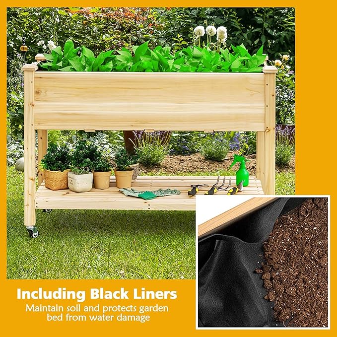 S AFSTAR Raised Garden Bed with Wheels 48 L X 24 W X 33 H Wooden Elevated Planter w/Lockable Wheels Storage Shelf Bed Liner Raised Garden Boxes for Backyard Patio Balcony 110lb Capacity
