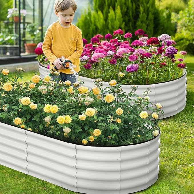 2-Pack Raised Garden Bed 6x3x1ft Oval Raised Planter Beds with Open-Ended Base Galvanized Metal Garden Bed Outdoor for Vegetables Flowers White Color