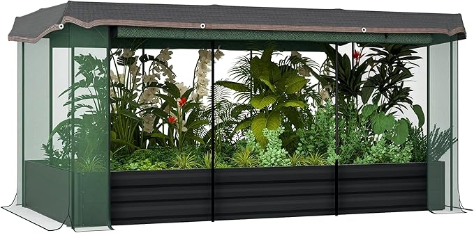 Outsunny 7.3 x 3.4 x 1 ft Galvanized Raised Garden Bed with Crop Cage Plant Protection Net and Shade Cloth Roof Metal Planter Box with Cover for Vegetables Flowers Herbs Dark Gray
