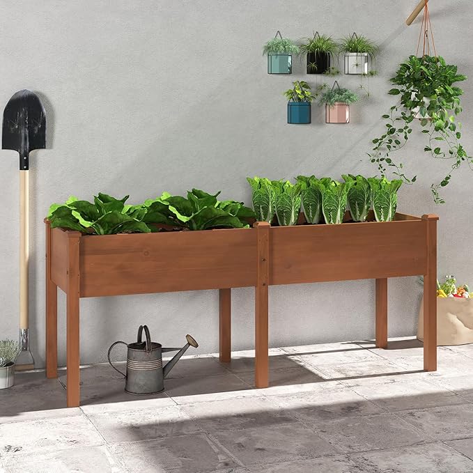 HAPPYGRILL Raised Garden Bed Outdoor Planter Raised Bed w/Drainage Holes Divider Panel 6 Supporting Legs Elevated Wood Planter Box for Backyard Patio Balcony 73” x 23” x 30” (L x W x H) (Brown)