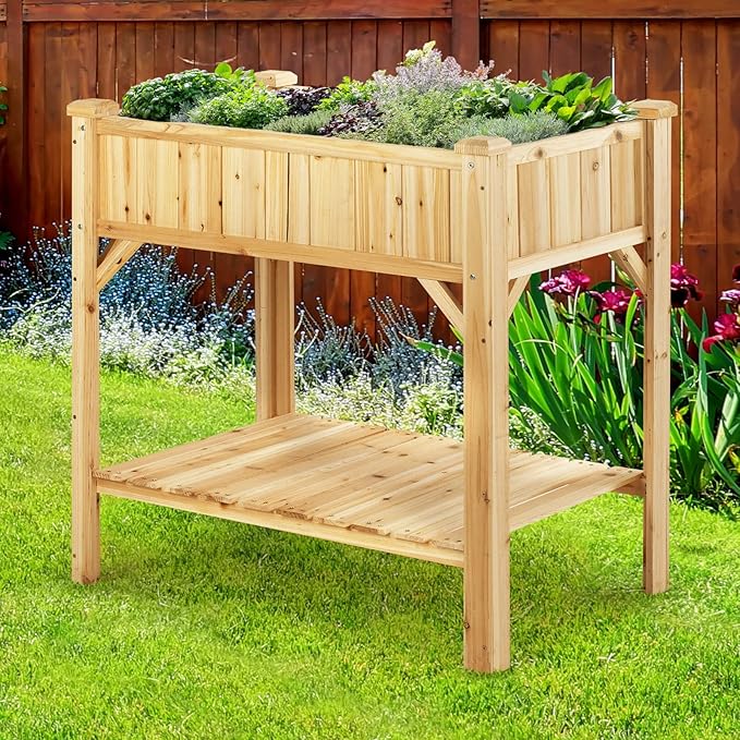 Idzo Raised Garden Bed with Legs Durable Elevated Garden Box with Wax Oil Coated 36x36x24in Wood Planter with Big Planter Box Load Up to 200 Pounds Ergonomic Height for Convenient Plants Care