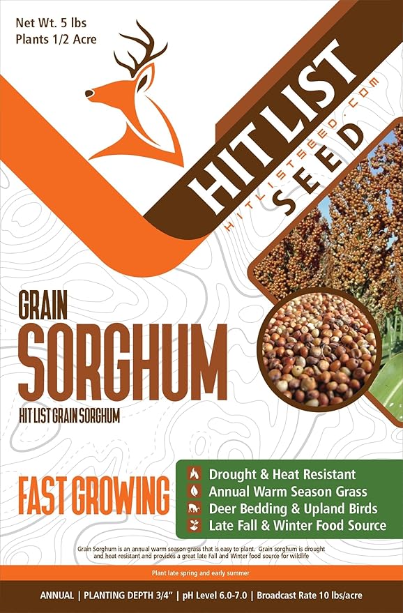 Hit List Seed® Grain Sorghum Food Plot Seeds for Deer [Annual Mix] - Deer Food Plot Seed - Sorghum Seeds for Planting - Deer Plot Seed Mix - 100% Grain Sorghum - Summer &amp Spring Planting - 5 lbs