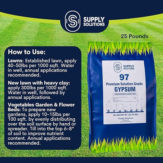 Supply Solutions Premium 97 Solution Grade Gypsum - Fast Acting Gypsum for Soil - Organic Calcium Sulfate Dihydrate - Gypsum Powder for Root Growth Lawns Mushroom Cultivation (25lbs)