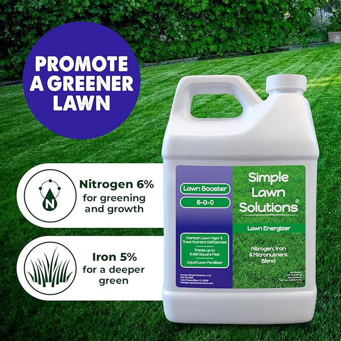 Commercial Grade Lawn Fertilizer with Iron- Liquid Fertilizer Spray- Nitrogen and Iron for Deeper Green Turf- Any Grass Type - Simple Lawn Solutions - Lawn Energizer (64 Ounce)