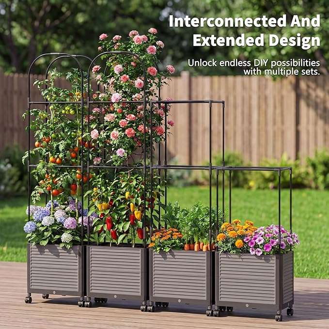 Raised Garden Bed Planter Box with Trellis 61''H Tomato Planters for Climbing Plants Vegetable Vine Flowers Outdoor Patio Tomato Cage Self Watering Planter with Wheels