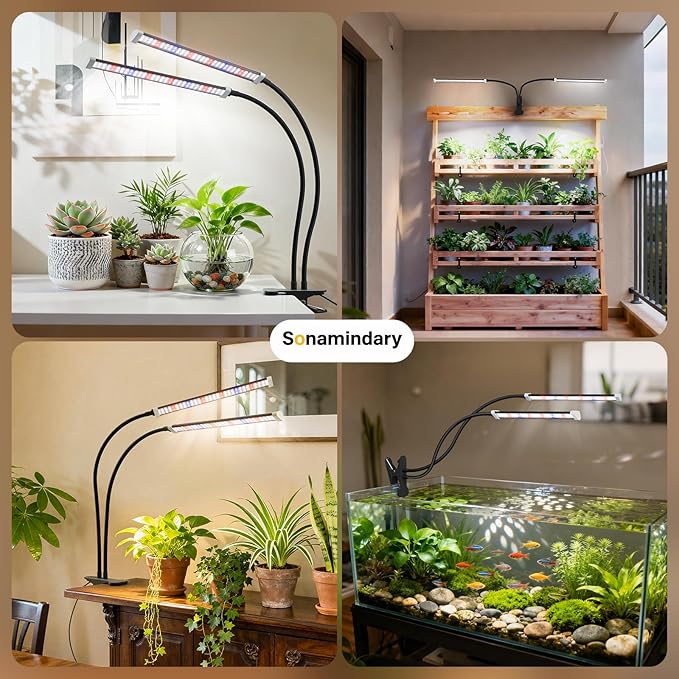 Grow Light for Indoor Plants 120 LEDs Full Spectrum 5700K Plant Lamp with Red Blue White Light 5-Level Dimmable 4/8/12H Timer Adjustable Clamp Stand(Dual Head)