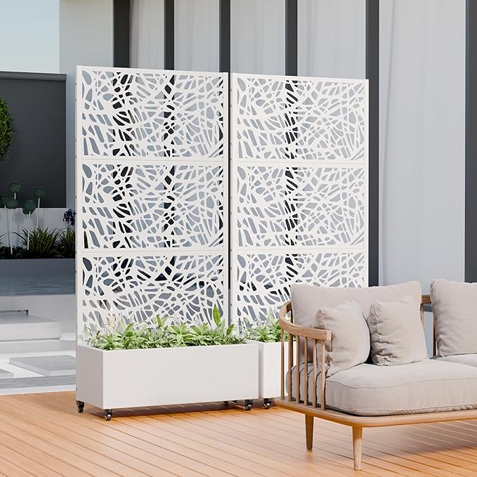 Casaphoria Metal Raised Garden Bed with Trellis and Wheels 72x35x16 Planter Box for Climbing Plants Vegetables &amp Vines Features Drainage Holes and Privacy Screen White-Net