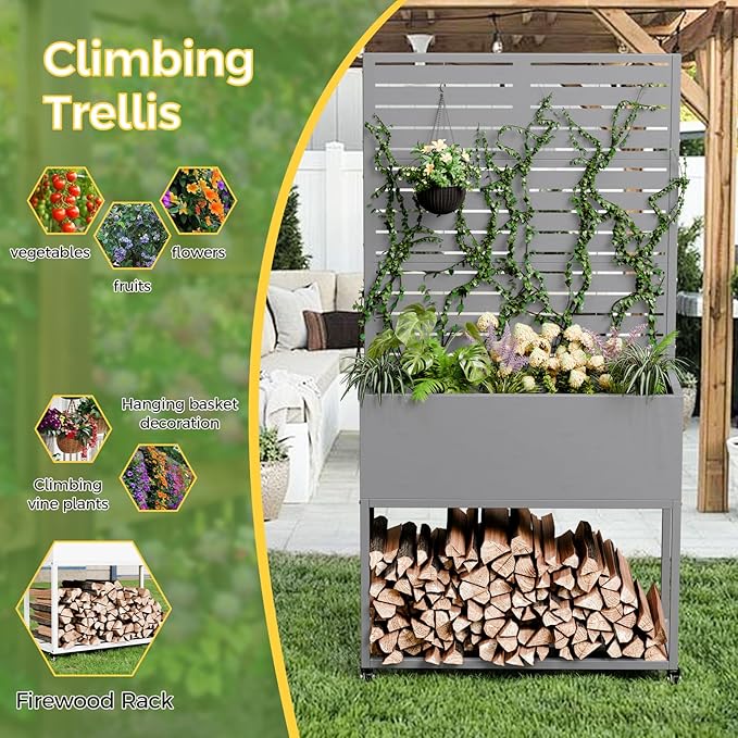 Raised Garden Bed with Trellis Metal Raised Planter Box with Trellis Privacy Planters for Patio Raised Garden Beds Outdoor Standing with Drainage Holes Wheels Grey
