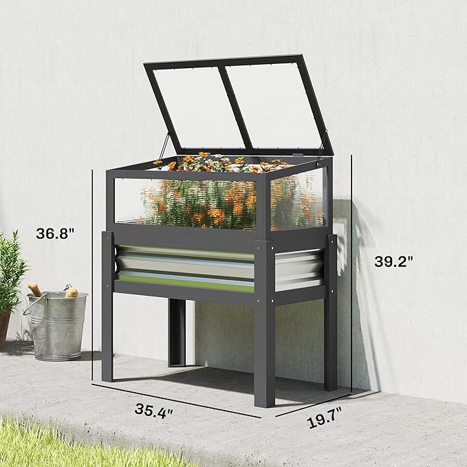 Outsunny Wooden Raised Garden Bed with Flip-Up Greenhouse Top Raised Garden Bed with Legs and Bed Liner Elevated Planter Box for Flowers Vegetables Herbs Gray