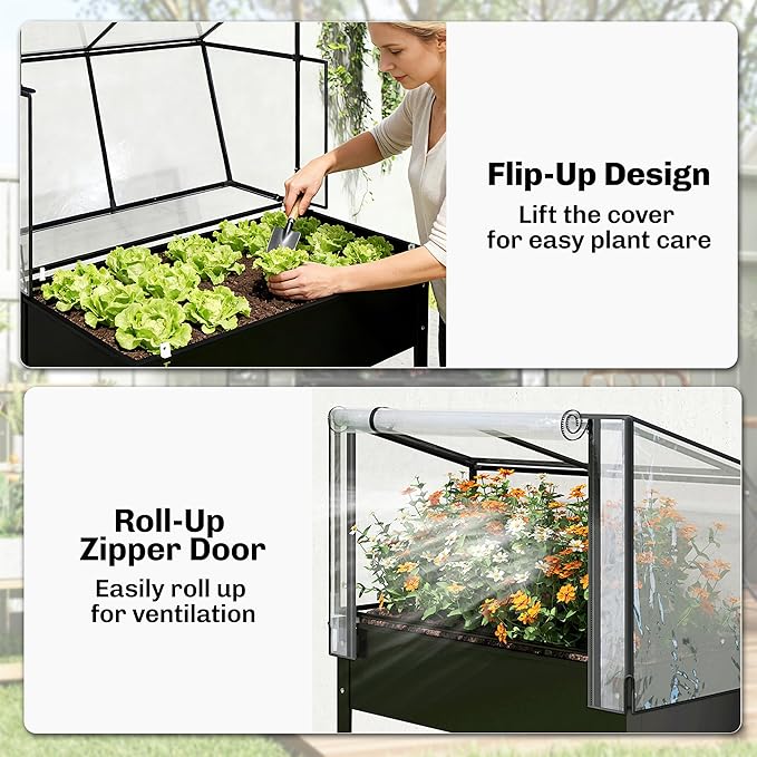 Outsunny Raised Garden Bed with Flip-Up Greenhouse Cover Metal Elevated Garden Bed with Legs and Drainage Hole Outdoor Raised Planter Box for Vegetables Herbs Flowers 39.4 x 18.9 x 52.8 Black