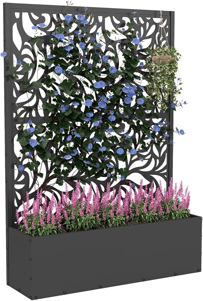 Metal Planter Box with Trellis70.9x47.2x15.7 Raised Garden Bed with Drainage Holes Privacy Planters for Outdoor Garden Bed for Climbing PlantsVegetablesand Vines Black-Flower