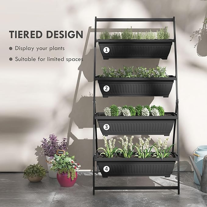 Raised Garden Bed 4 Tier Vertical GPlanter Set 4 Outdoor Planter Boxes with Stand Self Draining Design Elevated Gfor Vegetable Flowers Herbs Black