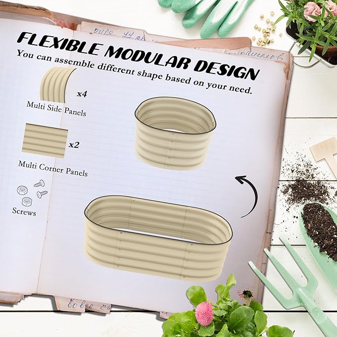 3.4' x 2' x 1' Galvanized Raised Garden Bed Kit Outdoor Metal Elevated Planter Box with Safety Edging Easy DIY Stock Tank for Growing Flowers Herbs Vegetables Cream