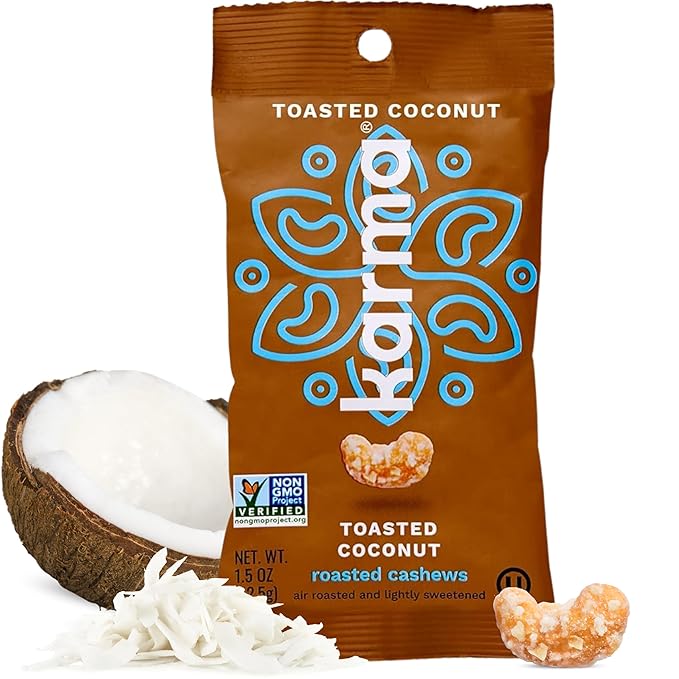 Toasted Coconut Cashews by Karma Nuts Whole Sweet Roasted Vegan Gluten Free Low Net Carb Natural Everyday Nut Snack 1.5 Ounce (12 Snack Packs)