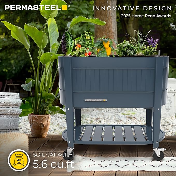 Permasteel Raised Garden Bed with Legs Planter Box with EnGrow™ TrueSoil™ Technology for Vegetables Flowers Herbs and Fruit Outdoor Indoor Storage Shelf Caster Wheels Blue