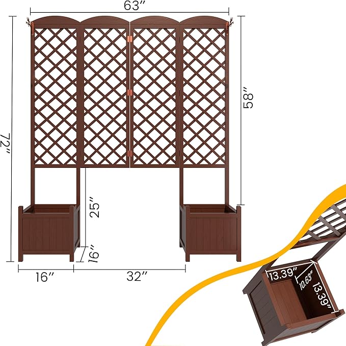 Planter Box with Trellis72in Tall Outdoor Wooden Raised Garden Bed with TrellisPatio Balcony Garden Privacy Planter Box for Climbing PlantsFruitsVegetablesFlowersDark Brown