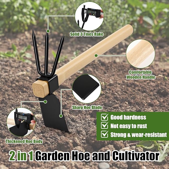 2 Pcs Garden Tool Set - Heavy Duty Pruning Shears &amp 2-in-1 Hoe Cultivator for Weeding Digging &amp Trimming 5/8-inch Cut Capacity Clippers Gardening Hand Tools for Home and Raised Bed
