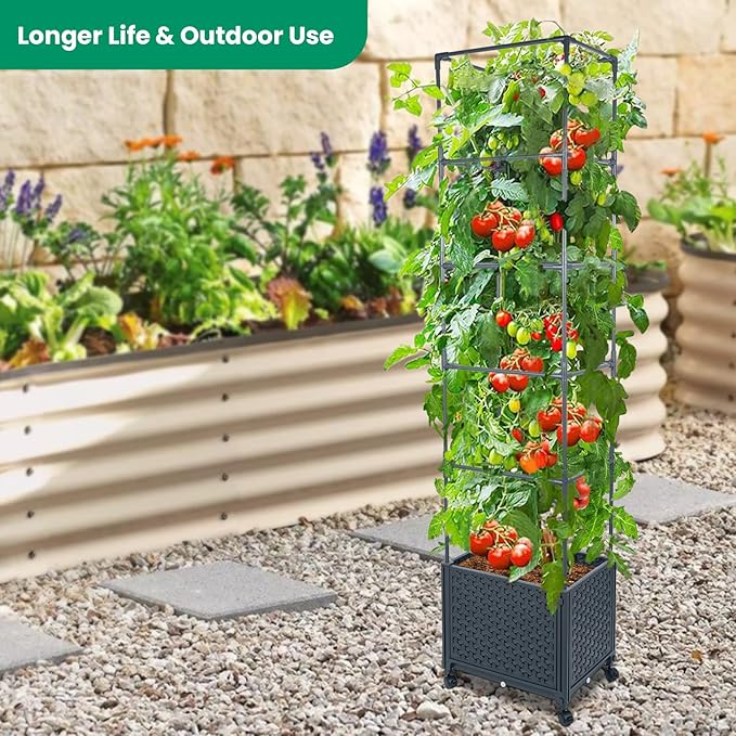 GREEN MOUNT Raised Garden Bed Planter Box with Trellis for Climbing Vegetables Plants 67.6 Outdoor Tomatoes Planters Tomato Cage w/Wheels