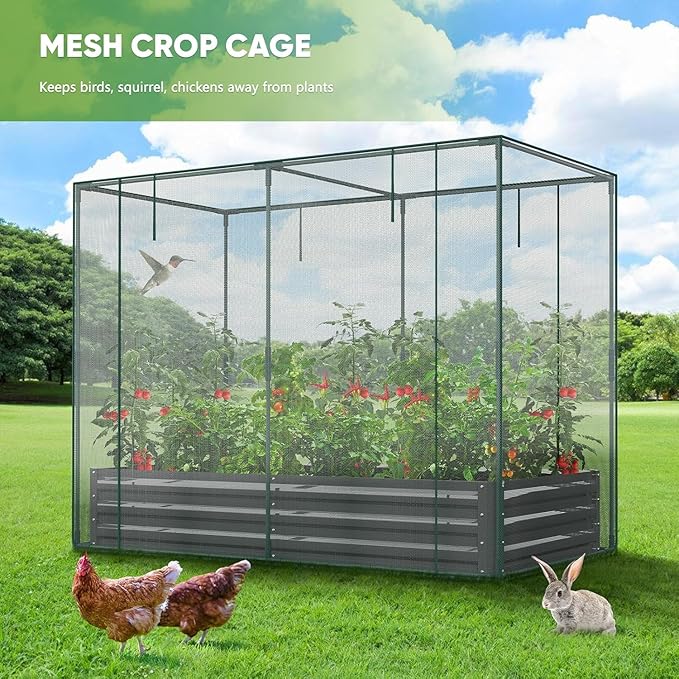DoCred Crop Cage with Raised Garden Bed 72.8 x 37.4 x 59 Plant Protection Tent Garden Cages with Window 2 in 1 Galvanized Raised Garden Bed Kit and Mesh Cover for Garden Yard Lawn