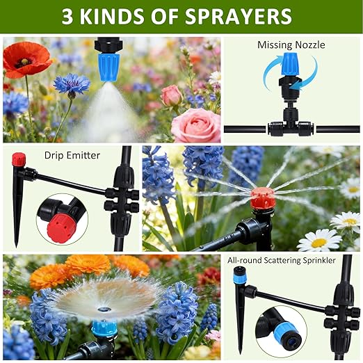 300FT Drip Irrigation System Kit Automatic Garden Watering Misting System with 70FT1/2 inch Hose 230FT 1/4 inch Distribution Tubing and Accessories for Garden Lawn Greenhouse Plant Flower Bed