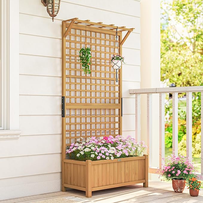 Outsunny Wood Planter with Trellis Raised Garden Bed for Climbing Plants w/Drainage Holes and Roof 35.5 x 17.75 x 72 Yellow