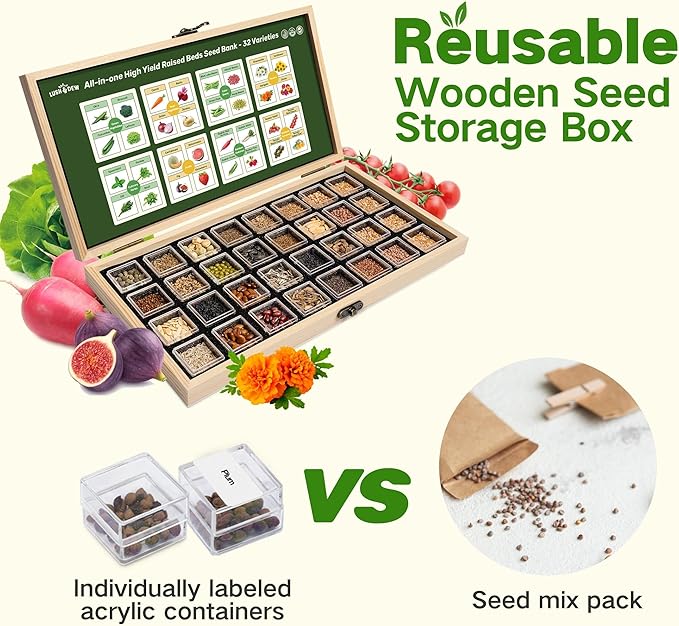 Lush&ampDew Raised Garden Bed Heirloom Seed Bank 32 Varieties 30000+ Non-GMO Seeds for Planting Vegetables Herbs Fruits Year-Round Gardening Gifts for Women Men Survival Seed Kit for Food Supplie