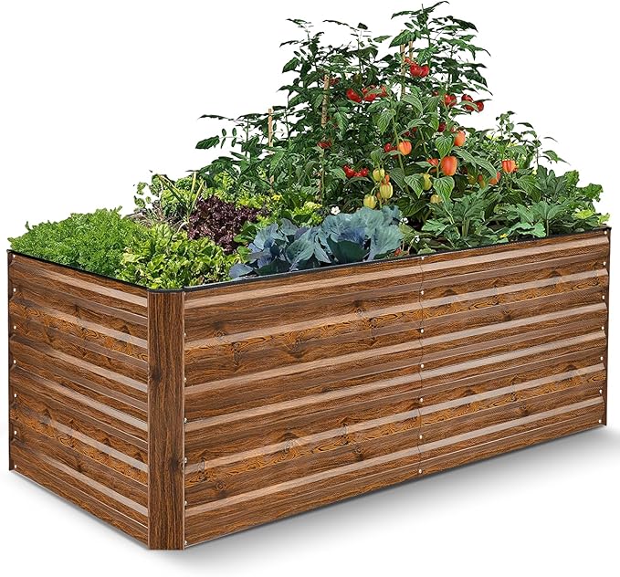 Homdox Galvanized Raised Garden Bed 6x3x2ft Galvanized Planter Garden Boxes Outdoor Thickened Large Metal Planter Box for Gardening and Planting Vegetables and Fruits (Wood Grain)