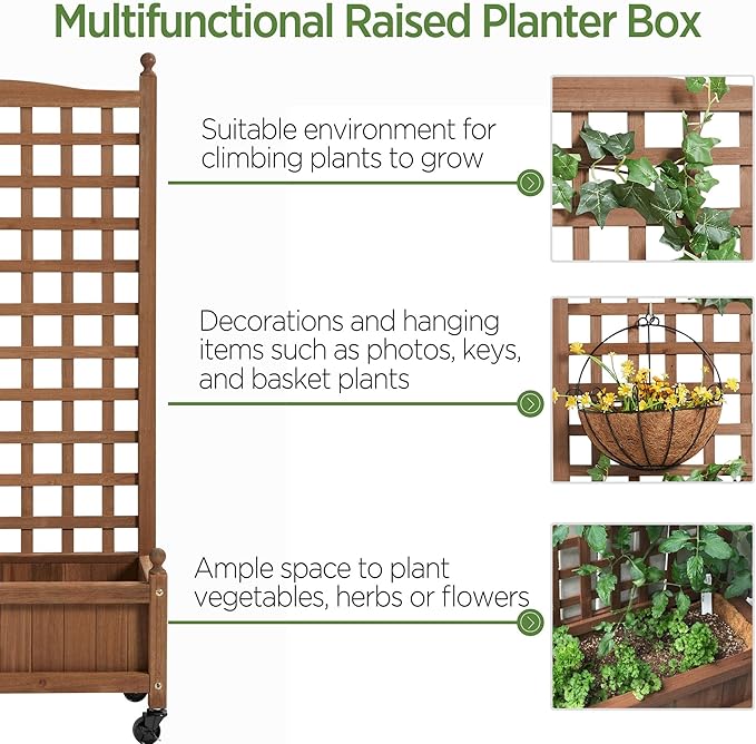 Yaheetech 2pcs 50 H Raised Garden Bed with Trellis &amp Wheels Standing Vertical Horticulture Planter Box for Vine Climbing Plants Flowers Herbs Brown