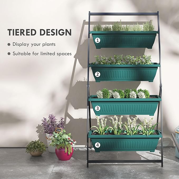 Raised Garden Bed 4 Tier Vertical Garden Planter Set 4 Outdoor Planter Boxes with Stand Self Draining Design Elevated Garden for Vegetable Flowers &amp Herbs Green